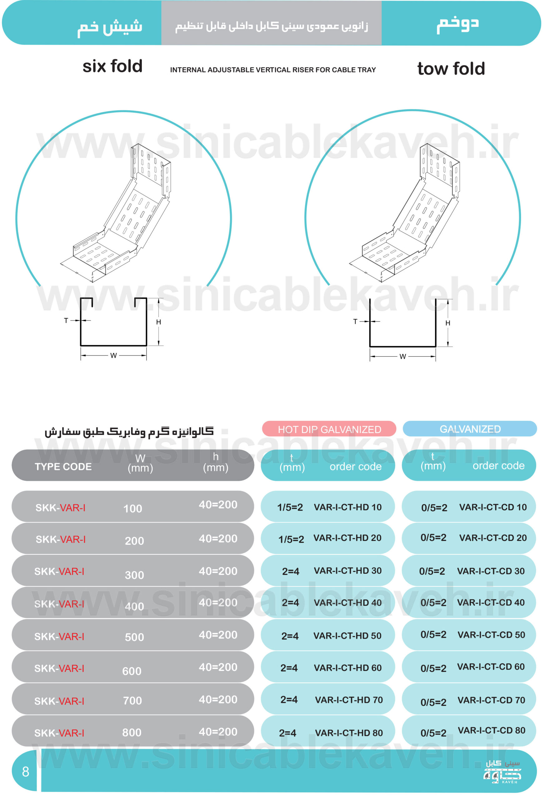 زانویی عمودی سینی کابل داخلی قابل تنظیم (Internal adjustable vertical riser for cable tray)